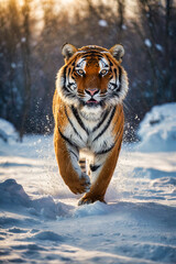 A dangerous tiger running in the winter forest. Generated AI - 796690270