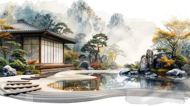 Japanese Zen Garden: A Japanese zen garden with meticulously raked gravel and serene ponds, painted in minimalist watercolor strokes.