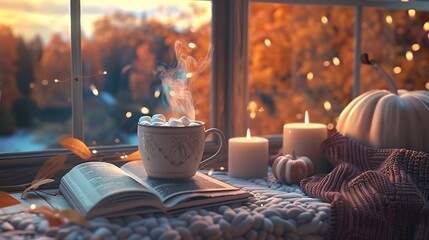 Mug of cocoa or hot chocolate with marshmallows next to the window with candles pumpkins book and...