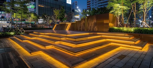 Futuristic urban plaza showcasing contemporary architecture in a modern city environment