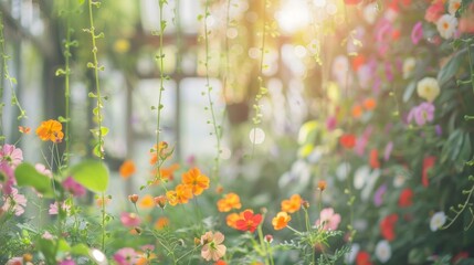 A blurred view of a botanical wonderland with colorful flowers and delicate vines hanging in the background. .