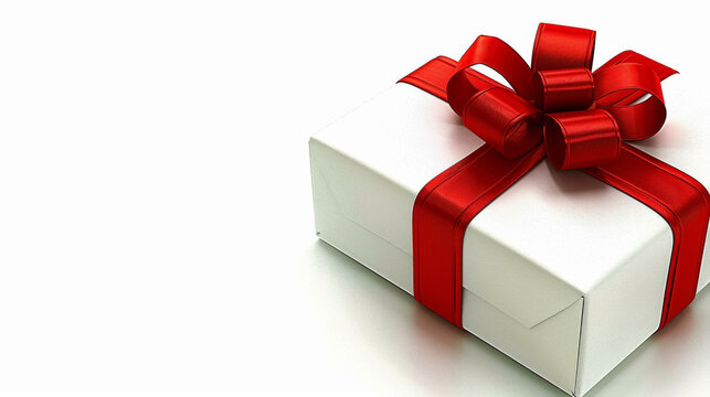 A white box with a red ribbon on top. Concept of joy and celebration, as it is a gift box. The red ribbon and bow add a festive touch to the image