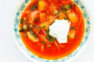 Ready-made Ukrainian borscht (a national dish) with sour cream