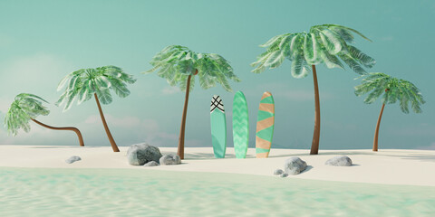 Summer tropical beach with coconut palms and surfboard on sand. Summer travel concept. 3d render - 796691688