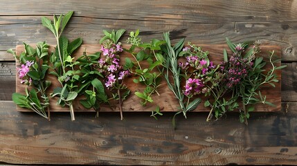 Natural aromatic herbs on wooden board