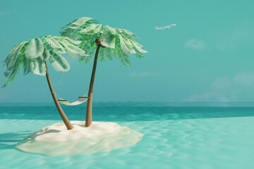 Summer tropical island with coconut palms and hammock on sand. Summer travel concept. 3d render - 796691802