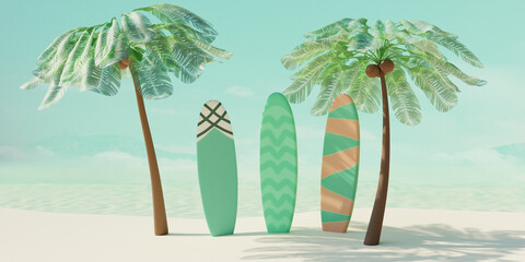 Summer tropical beach with coconut palms and surfboard on sand. Summer travel concept. 3d render - 796691808