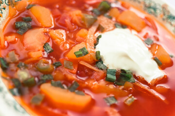 Ready-made Ukrainian borscht (a national dish) with sour cream