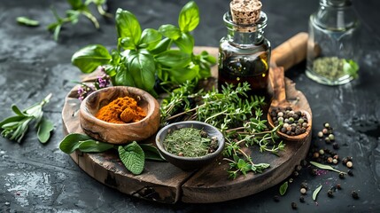 Natural aromatic herbs on wooden board