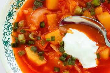 Ready-made Ukrainian borscht (a national dish) with sour cream