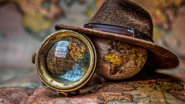 A hat and a globe are placed on a map