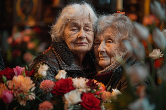 Two elderly ladies share a close and affectionate moment holding flowers, conveying friendship and solidarity - Powered by Adobe