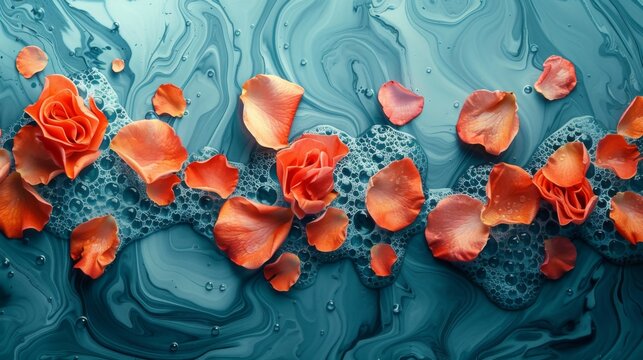A soothing aqua marble background with silver liquid swirled across adorned with bright coral rose petals. 