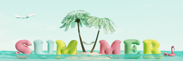 Tropical island with Summer text, airplane, coconut palms, beach umbrellas and sun accessories in ocean. Summer travel concept. 3d render - 796692024