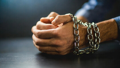 Close-up of male hands in chains against a dark backdrop, evoking confinement, struggle, and oppression. Moody tone, isolated focus on hands. - obrazy, fototapety, plakaty