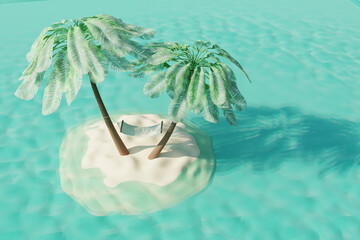 Summer tropical island with coconut palms and hammock on sand. Summer travel concept. 3d render - 796692035