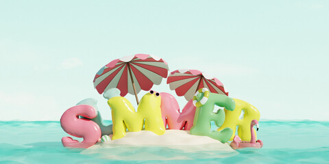 Tropical island with Summer text, beach umbrellas and sun accessories in ocean. Summer travel concept. 3d render - 796692083