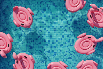 Flamingo floats in swimming pool. Summer swimming pool party. 3d render. Top view - 796692222