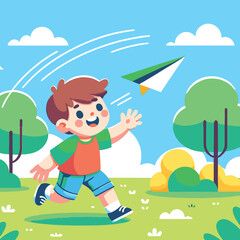 Obraz na płótnie Canvas illustration of a young child playing with a paper airplane in a park