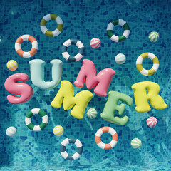 Swimming pool with balls, swim rings and summer letters. Summer swimming pool party. 3d render. Top view - 796692289