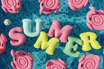 Swimming pool with flamingo rings and summer letters. Summer swimming pool party. 3d render. Top view - 796692292