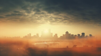 City skyline with smog and pollution overlay, showing the contribution of urban areas to global warming and environmental degradation.