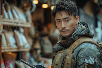 Obraz premium An intense military man in uniform looks on with determination, reflecting on duty amidst an urban setting