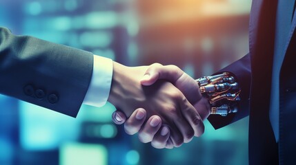Close-up of a robot's hand shaking a human's hand in an office environment, symbolizing new partnerships in work but also potential job displacement.