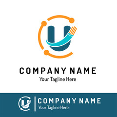 Letter u with Fiber Optic, Electric Wire for Technology Business Logo Idea. Optical Fiber, Telecom, Connection, Cabling Provider Repair, Cable Logo Vector © Partinem