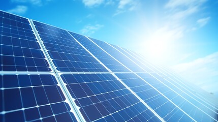 Obraz premium Close-up of a solar panel surface with the sun glaring down, emphasizing renewable energy in action against a clear blue sky.