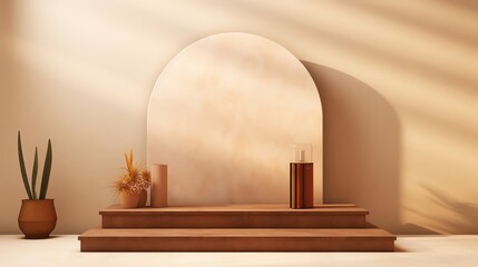 Contemporary wooden podium on a soft beige textured background, equipped with ambient lighting to...