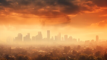 City skyline with smog and pollution overlay, showing the contribution of urban areas to global warming and environmental degradation.