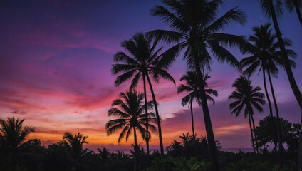Fototapeta na wymiar Twilight Tropics, A Vibrant Landscape with Tropical Palms Silhouetted Against the Deep Hues of Twilight.