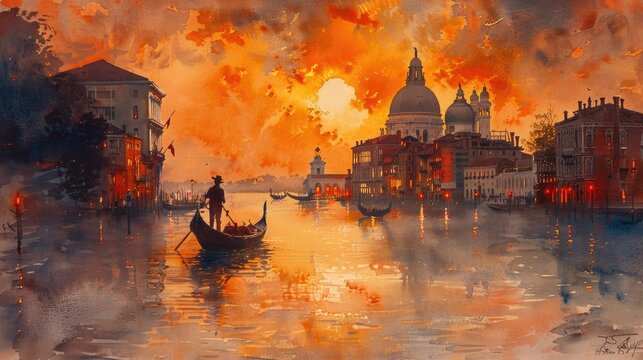 Serenading Gondolier in Venice: A gondolier serenading passengers through the winding canals of Venice, depicted in romantic watercolor scenes.
