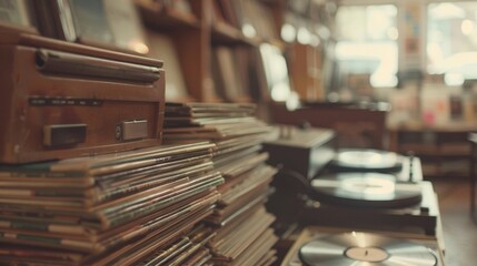 Soft focus captures the hazy warm glow of vintage record players amidst a sea of old LPs in a cozy intimate corner of a record store inviting you to browse and explore. .