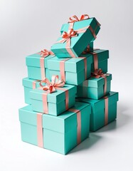 bunch of teal gift boxes on plain wjite background from Generative AI