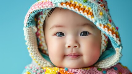 Precious portrait of a cheerful Asian baby in colorful attire against a tranquil pastel background