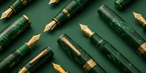 Luxurious fountain pens in green and gold arrangement on elegant green marble background table