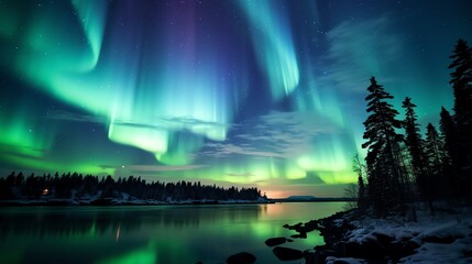 Majestic Northern Lights swirling across the dark sky, captured from a remote location, providing a breathtaking natural light show.
