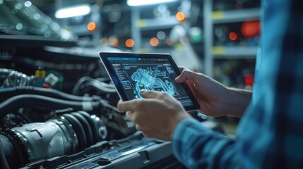 Mechanic Uses Tablet Computer with an Augmented Reality Diagnostics Software. Specialist Inspecting the Car in Order to Find Broken Components Inside the Engine Bay. Modern Car Service.