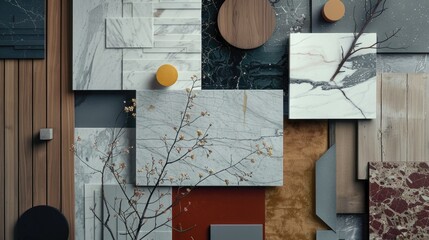 A collage of different materials and textures, including marble, wood, and metal