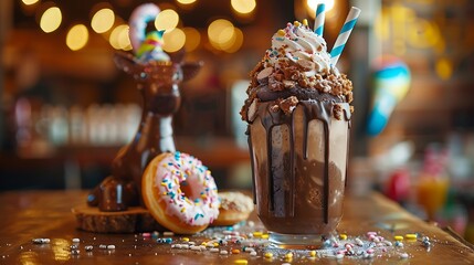 Party concept chocolate freak shake topping with donut on the party table near rocker horse cookie selective focus on freak shake