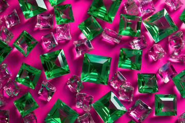 Beautiful Green Emeralds on Vibrant Pink Background in 3D Rendering Sparkling Left to Right