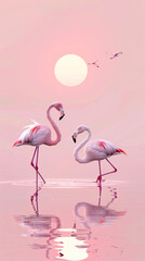 A pair of flamingos, with pink feathers shining in the setting sun, against a pink background, gracefully wade through shallow water on an endless lake