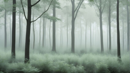Whispering Woods Fog, Landscape with Fog in Soft Shades of Mint, Enveloping Whispering Woods.