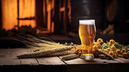 Artisanal craft beer in a tall glass, displayed on a rustic wooden table with hops and barley, showcasing the brewing process.