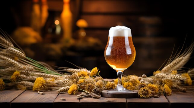 Artisanal craft beer in a tall glass, displayed on a rustic wooden table with hops and barley, showcasing the brewing process.