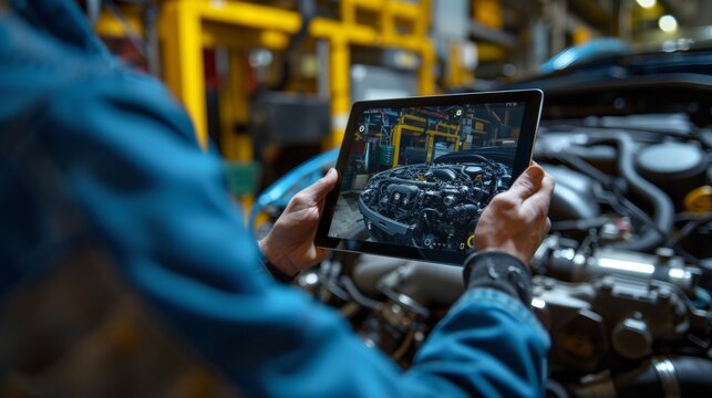 Mechanic Uses Tablet Computer with an Augmented Reality Diagnostics Software. Specialist Inspecting the Car in Order to Find Broken Components Inside the Engine Bay. Modern Car Service.