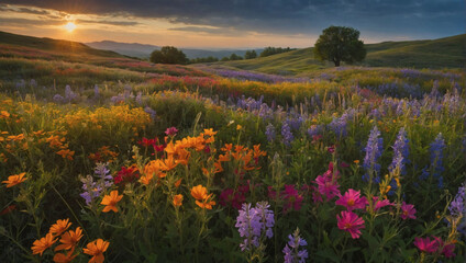 Wildflower Wonderland, A Vibrant Landscape with Rolling Meadows Blanketed in Wildflowers of Every Color.