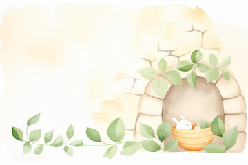A cute watercolor illustration of a bunny in a basket under a stone archway.